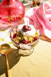 A table with a sundae bowl.