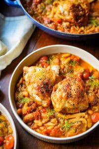 bowls of beans and chicken