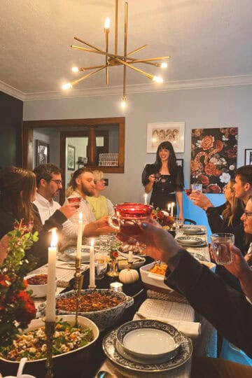 a group of people eating thanksgiving dinner