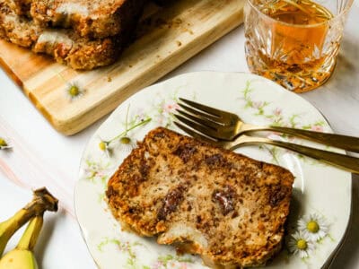banana bread and a glass of bourbon
