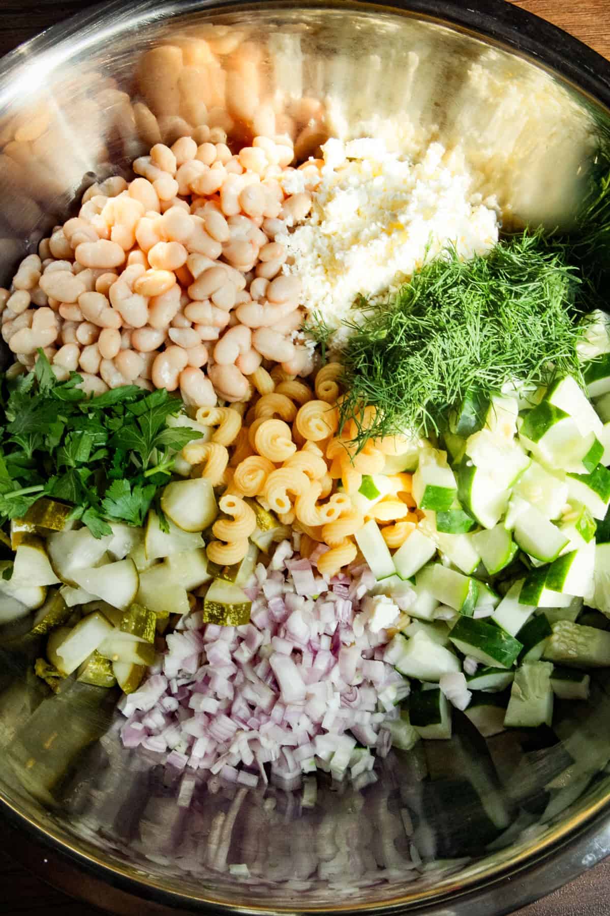 a bowl of pasta salad